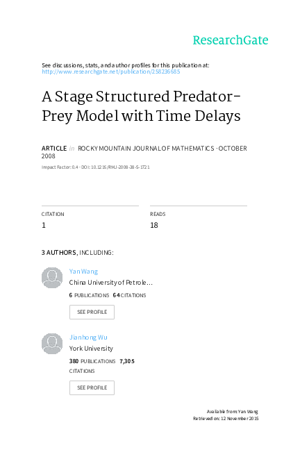 (PDF) A Stage Structured Predator-Prey Model with Time Delays