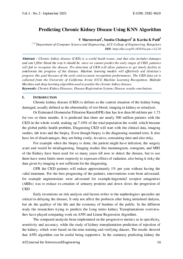 (PDF) Predicting Chronic Kidney Disease Using KNN Algorithm