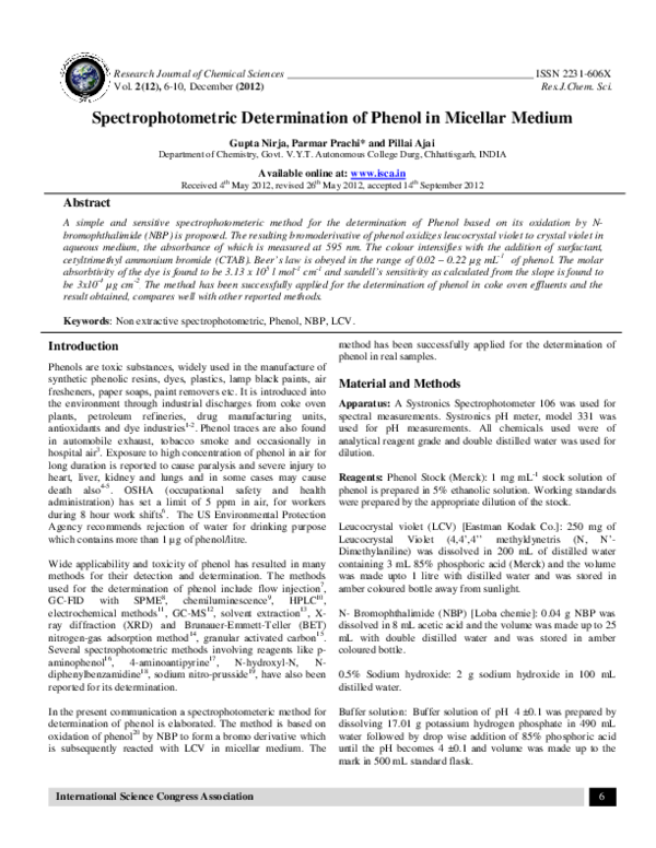 (PDF) Spectrophotometric Determination of Phenol in Micellar Medium