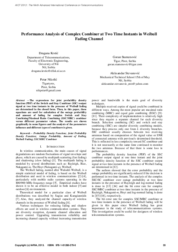 (PDF) Performance Analysis of Complex Combiner at Two Time Instants in ...