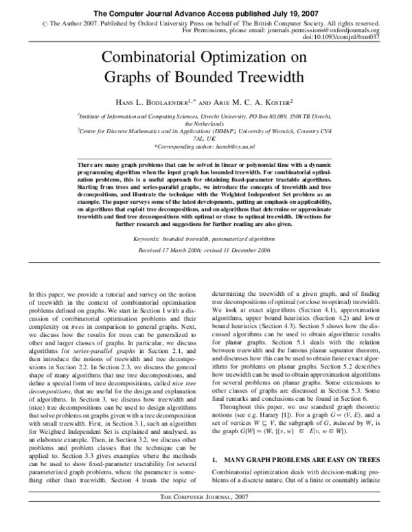 (PDF) Combinatorial Optimization on Graphs of Bounded Treewidth