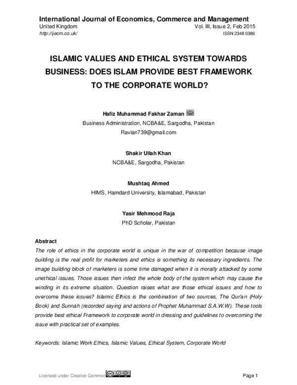 (PDF) Islamic Values and Ethical System Towards Business: Does Islam ...