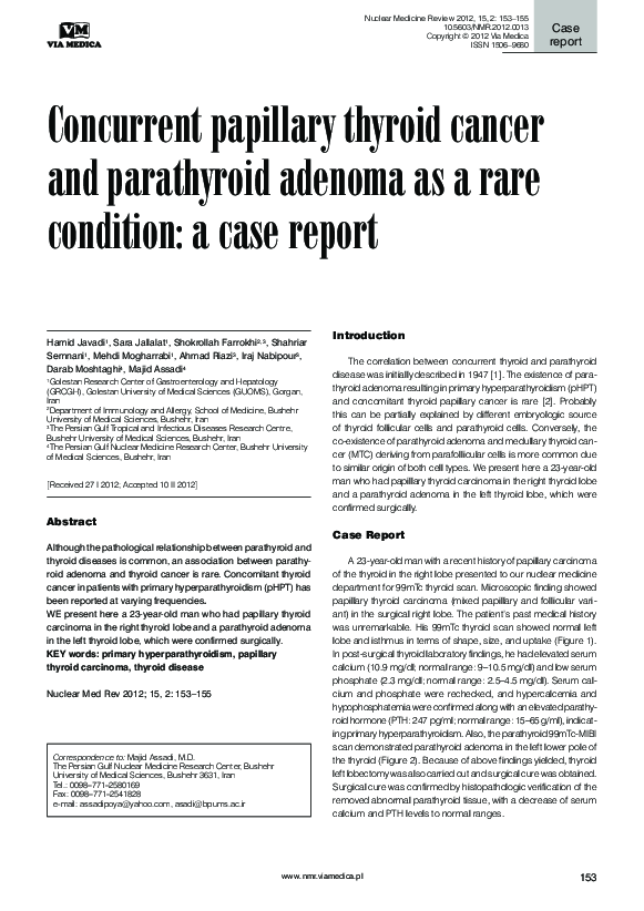(PDF) Concurrent papillary thyroid cancer and parathyroid adenoma as a ...