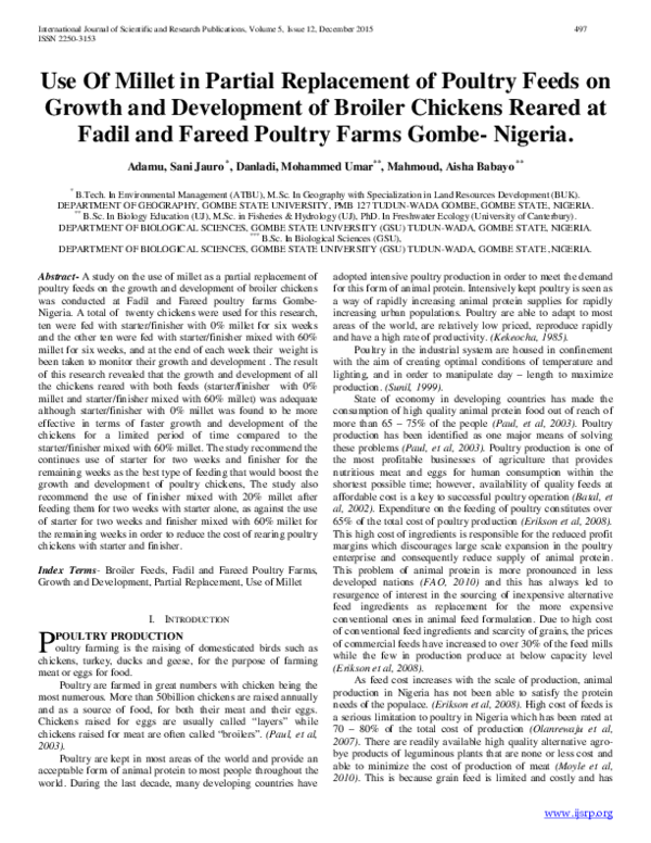 (PDF) Use Of Millet in Partial Replacement of Poultry Feeds on Growth ...