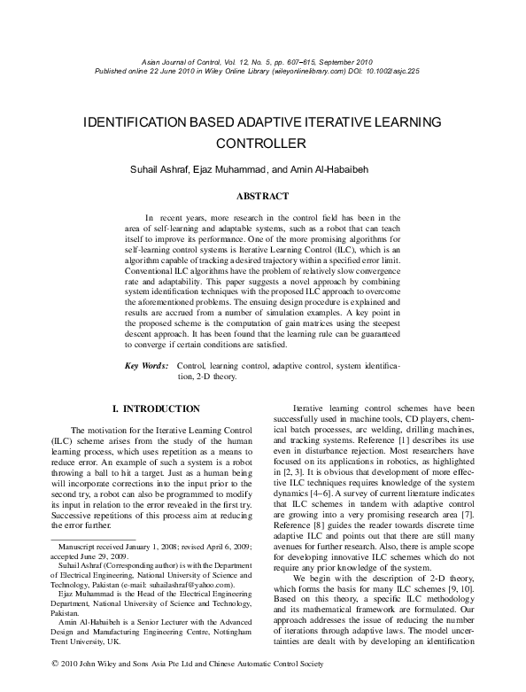 (PDF) Identification based adaptive iterative learning controller