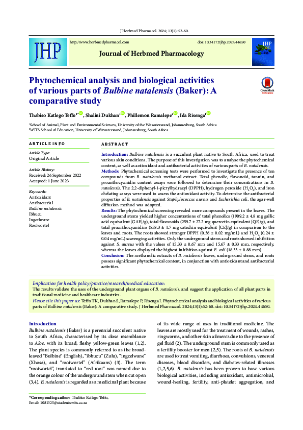 (PDF) Phytochemical analysis and biological activities of various parts ...