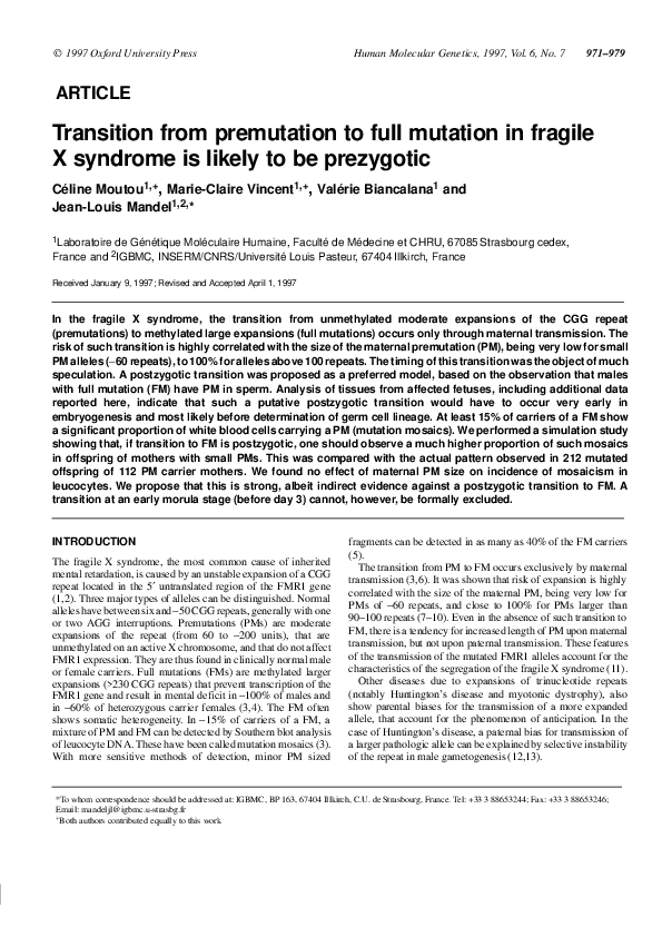 (PDF) Transition from premutation to full mutation in fragile X ...