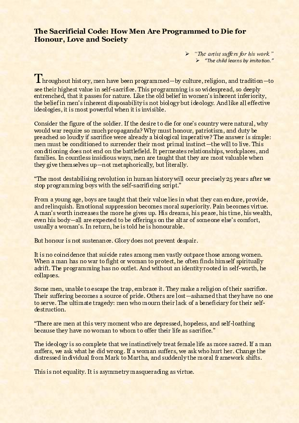 (PDF) The Sacrificial Code: How Men Are Programmed to Die for Honour ...