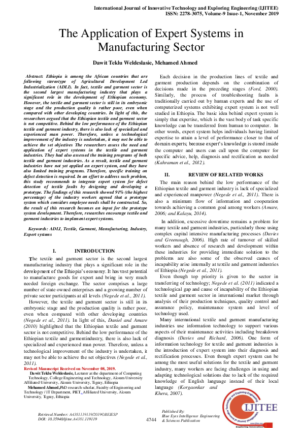 (PDF) The Application of Expert Systems in Manufacturing Sector