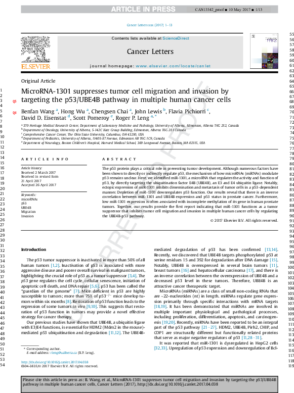 (PDF) MicroRNA-1301 suppresses tumor cell migration and invasion by ...