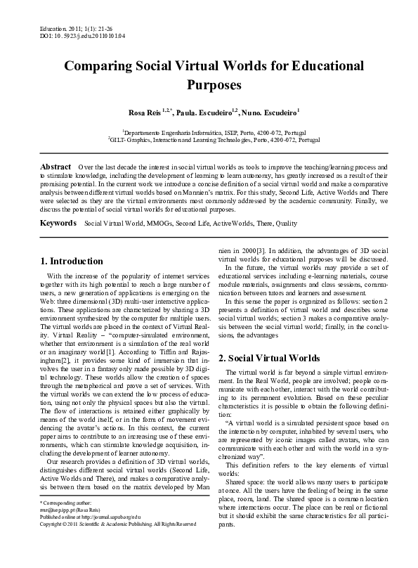 (PDF) Comparing Social Virtual Worlds for Educational Purposes