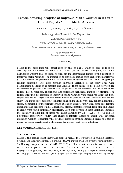 (PDF) Factors Affecting Adoption of Improved Maize Varieties in Western ...