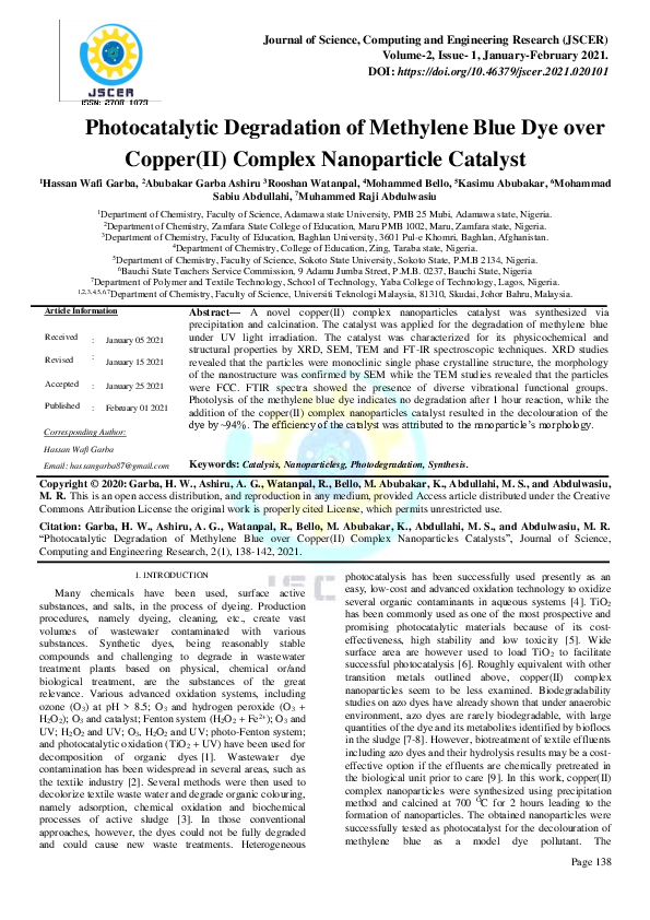 (PDF) Photocatalytic Degradation of Methylene Blue Dye over Copper(II ...