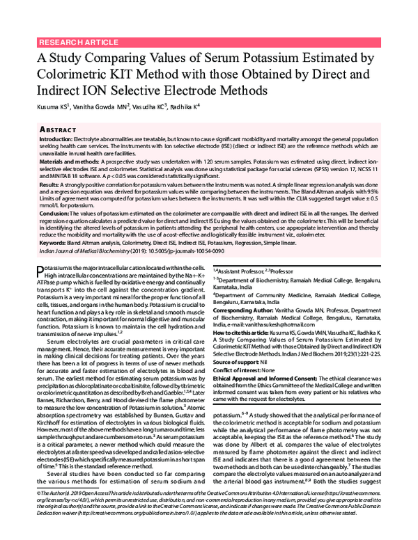 (PDF) A Study Comparing Values of Serum Potassium Estimated by ...