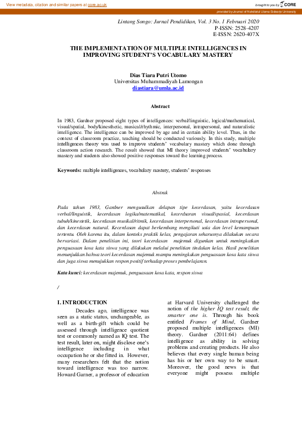 (PDF) The Implementation of Multiple Intelligences in Improving Student ...