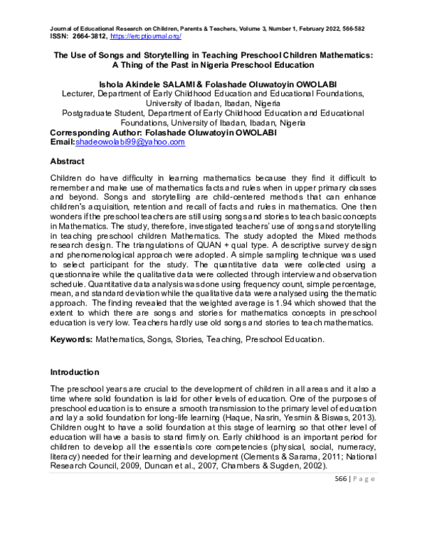 (PDF) The Use of Songs and Storytelling in Teaching Preschool Children ...