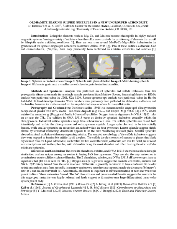 (PDF) OLDHAMITE BEARING SULFIDE SPHERULES IN A NEW UNGROUPED ACHONDRITE