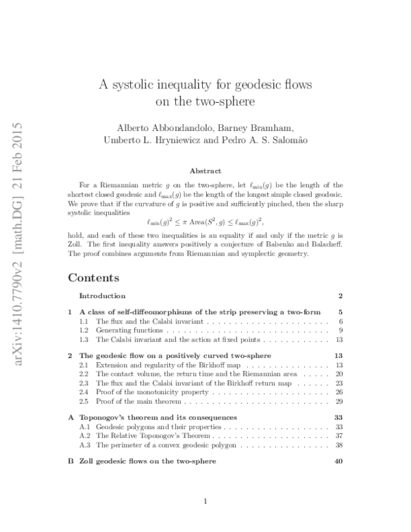 (PDF) A systolic inequality for geodesic flows on the two-sphere