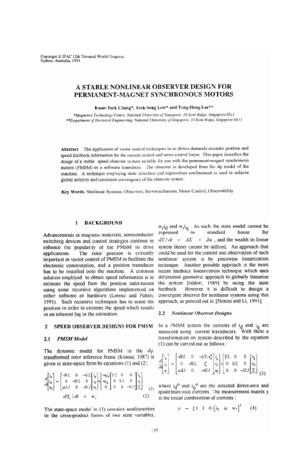 (PDF) A Stable Nonlinear Observer Design for Permanent-Magnet ...