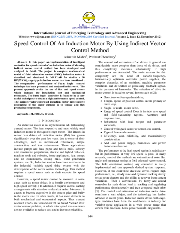 (PDF) Speed Control Of An Induction Motor By Using Indirect Vector ...