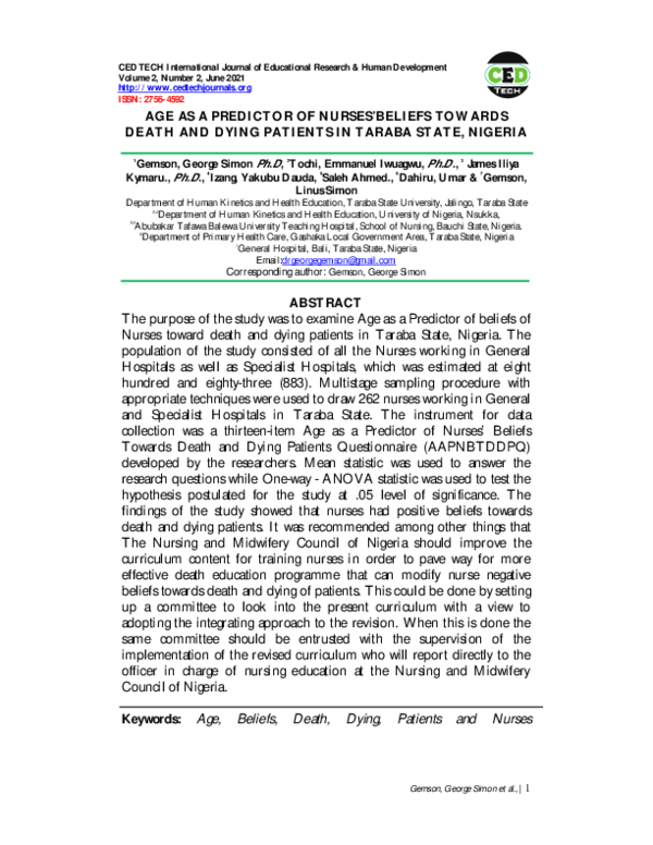 (PDF) AGE AS A PREDICTOR OF NURSES'BELIEFS TOWARDS DEATH AND DYING ...