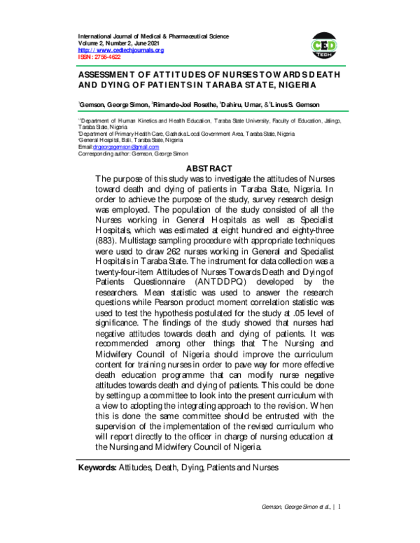 (PDF) ASSESSMENT OF ATTITUDES OF NURSES TOWARDS DEATH AND DYING OF ...