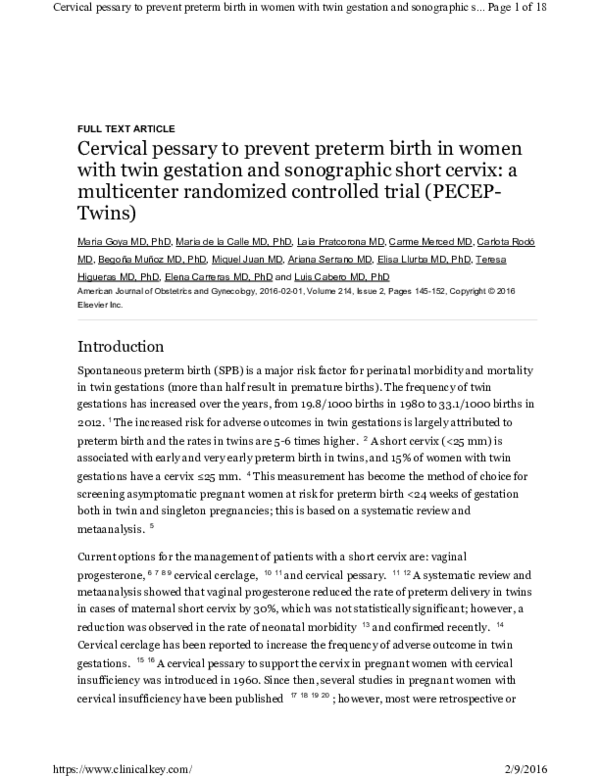 (PDF) Cervical pessary to prevent preterm birth in women with twin ...
