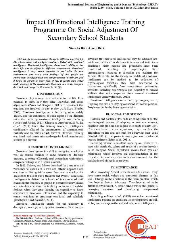 (PDF) Impact Of Emotional Intelligence Training Programme On Social ...