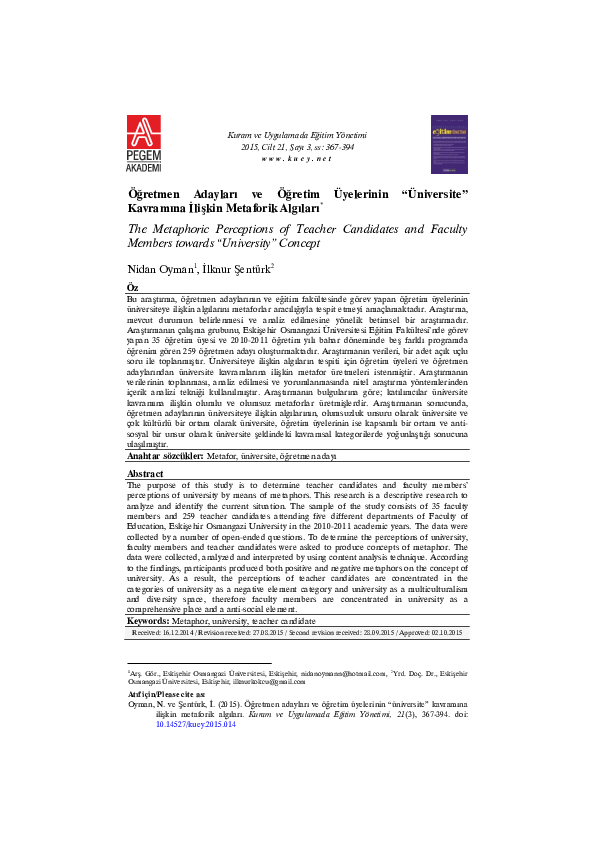 (PDF) The Metaphoric Perceptions of Teacher Candidates and Faculty ...