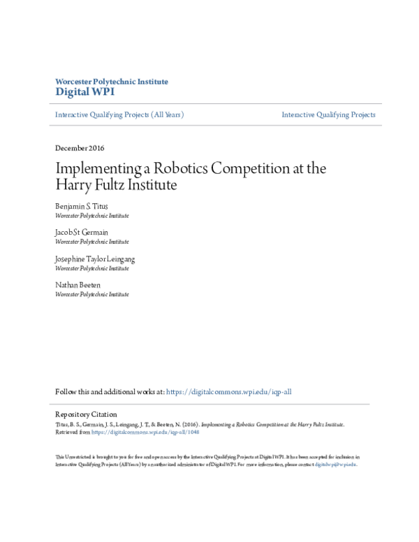 (PDF) Implementing a Robotics Competition at the Harry Fultz Institute