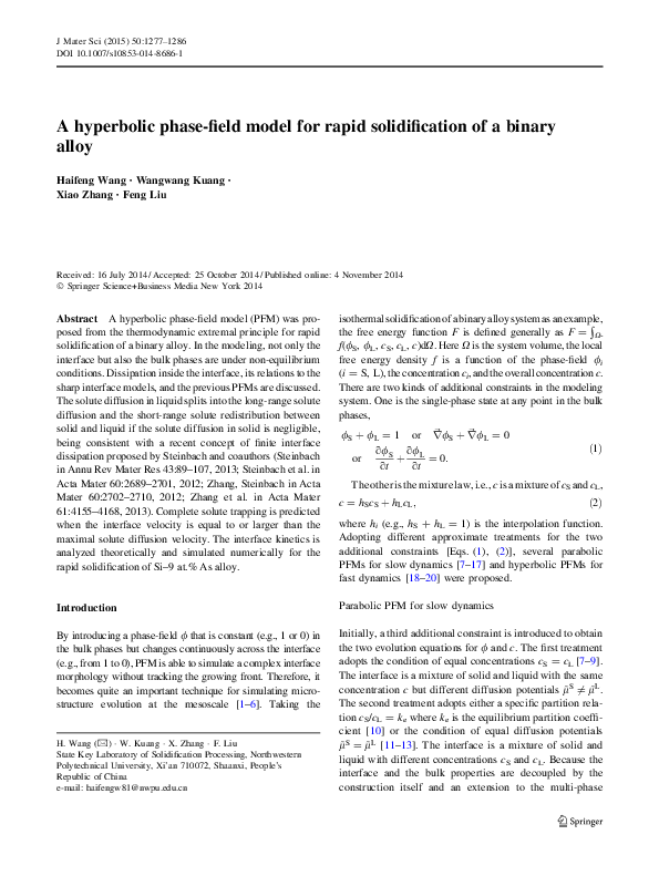 (PDF) A hyperbolic phase-field model for rapid solidification of a ...