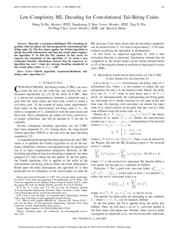 (PDF) Low-complexity ML decoding for convolutional tail-biting codes