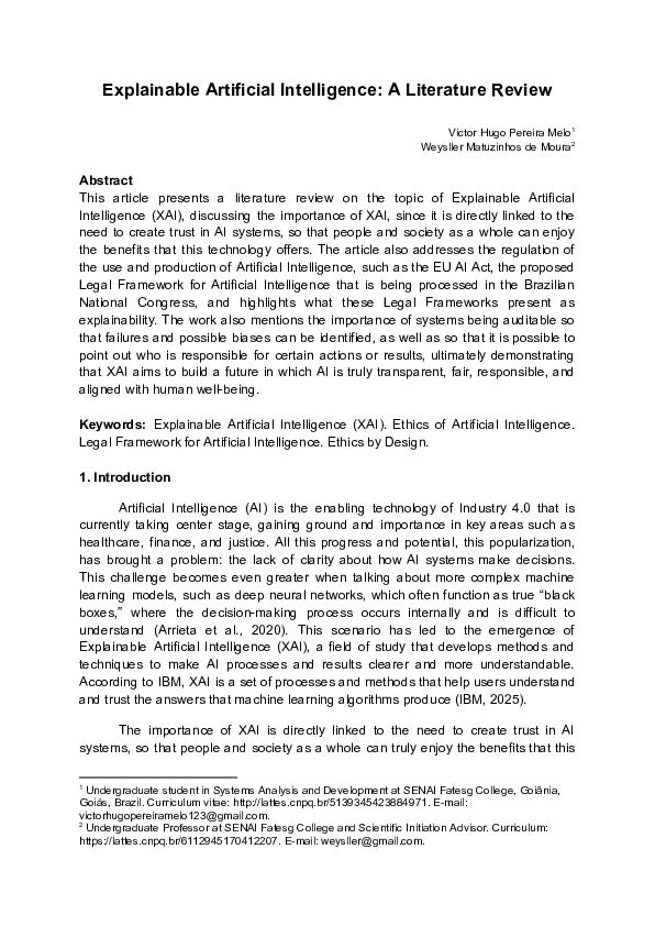 (PDF) Explainable Artificial Intelligence: A Literature Review
