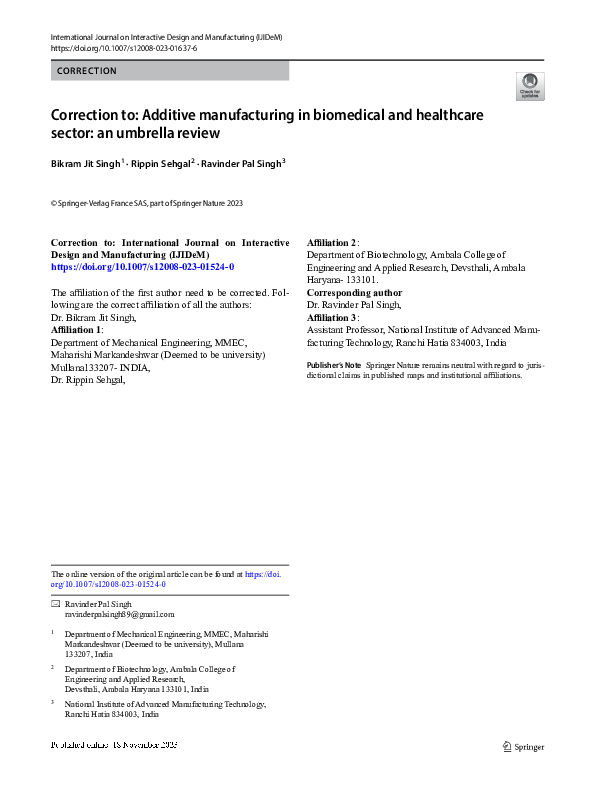(PDF) Correction to: Additive manufacturing in biomedical and ...