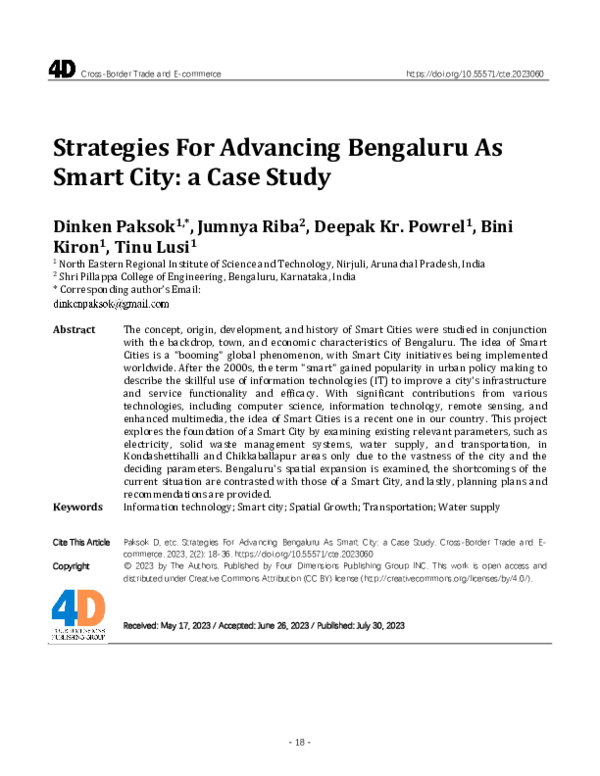 (PDF) Strategies For Advancing Bengaluru As Smart City: a Case Study