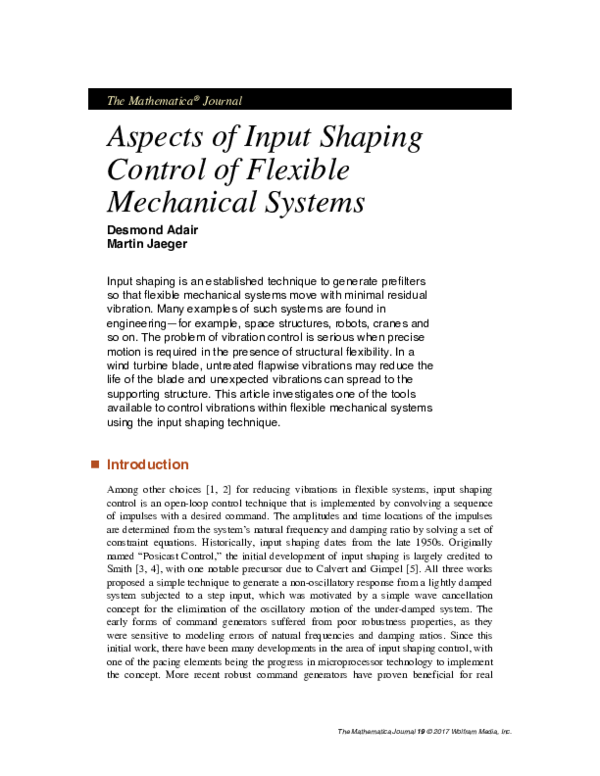 (PDF) Aspects of Input Shaping Control of Flexible Mechanical Systems