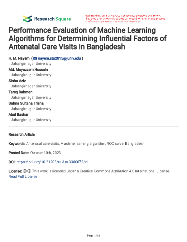 (PDF) Performance Evaluation of Machine Learning Algorithms for ...