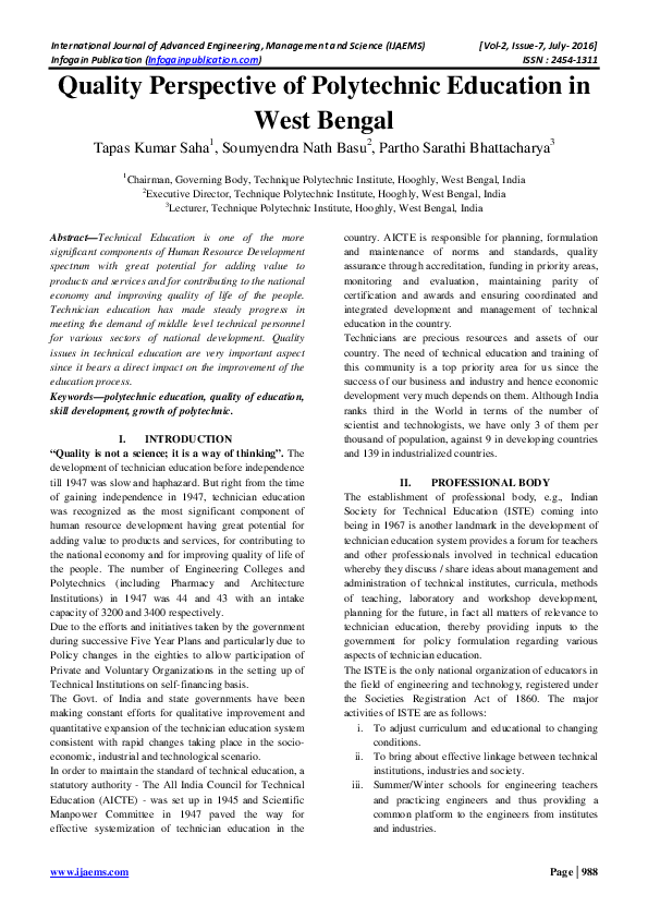 (PDF) Quality Perspective of Polytechnic Education in West Bengal