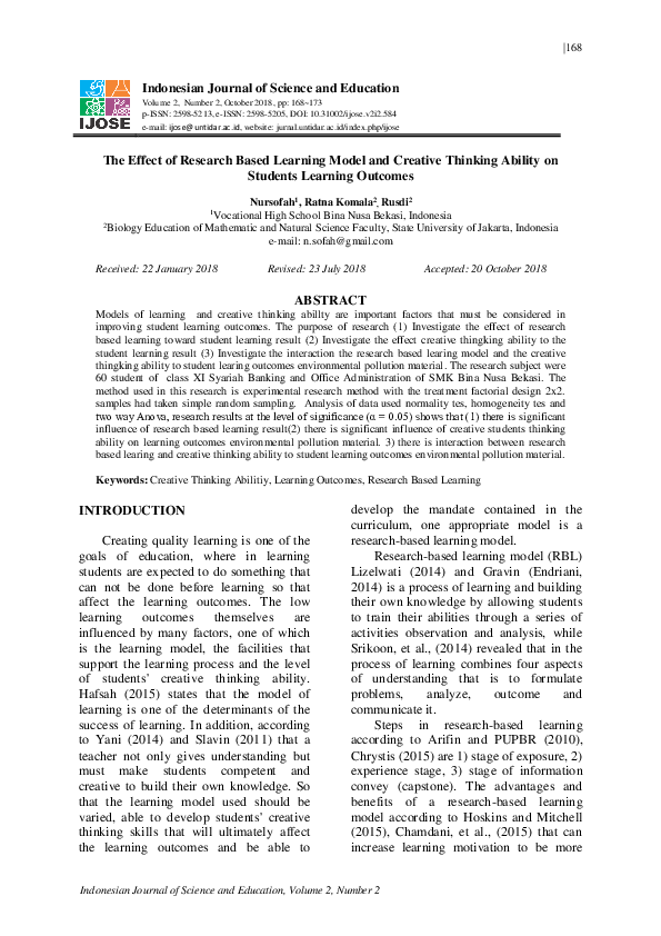 (PDF) The Effect of Research Based Learning Model and Creative Thinking ...