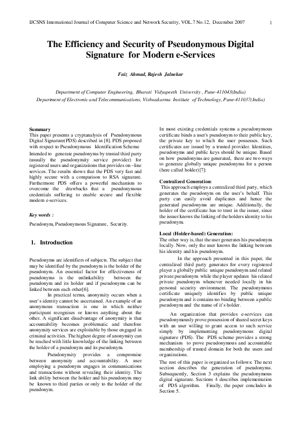 (PDF) The Efficiency and Security of Pseudonymous Digital Signature for ...