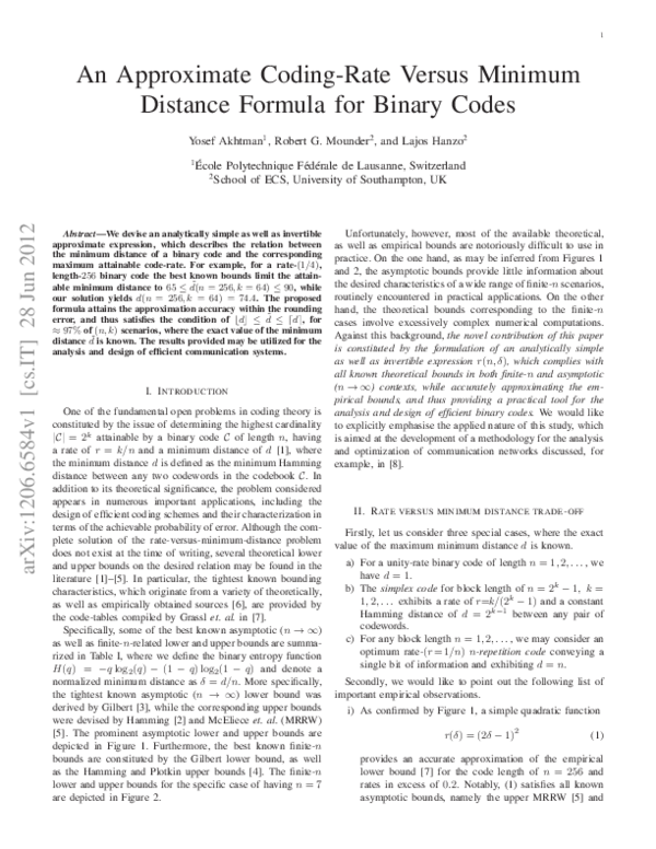 (PDF) An Approximate Coding-Rate Versus Minimum Distance Formula for ...