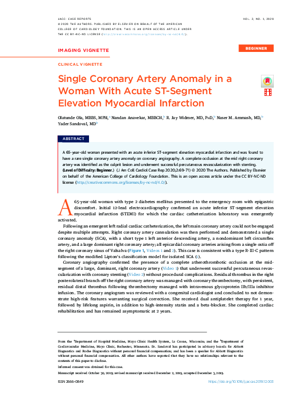 (PDF) Single Coronary Artery Anomaly in a Woman With Acute ST-Segment ...