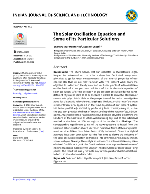 (PDF) The Solar Oscillation Equation and Some of its Particular Solutions