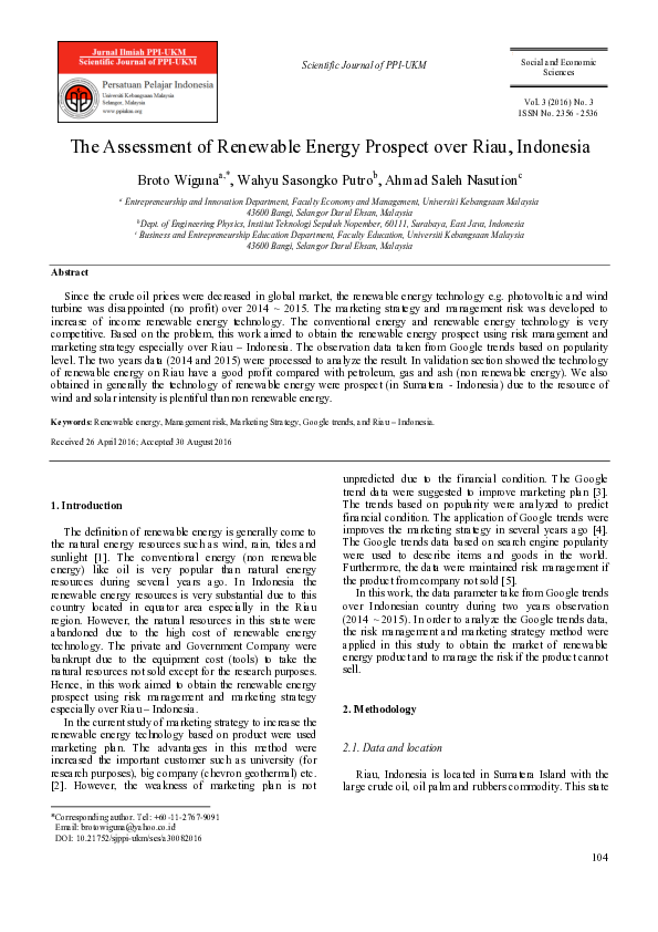(PDF) The Assessment of Renewable Energy Prospect over Riau, Indonesia
