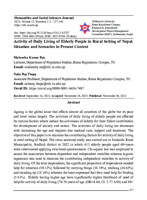 (PDF) Activity of Daily Living of Elderly People in Rural Setting of ...