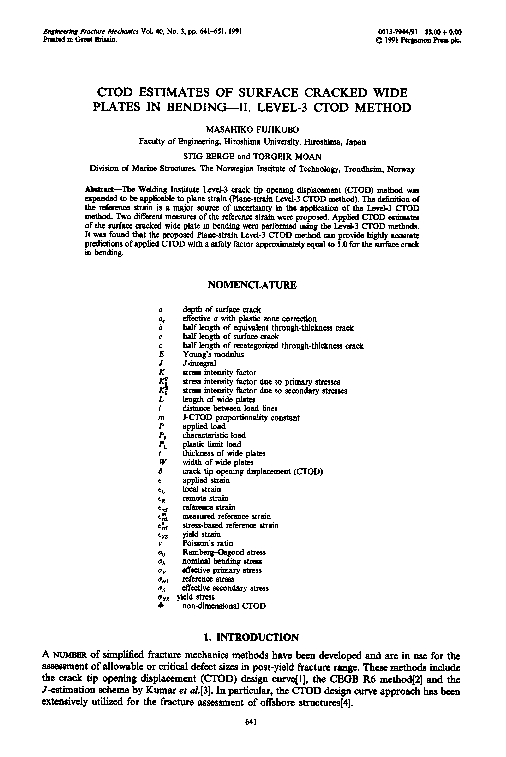 (PDF) Ctod Estimates of Surface Cracked Wide Plates in Bending