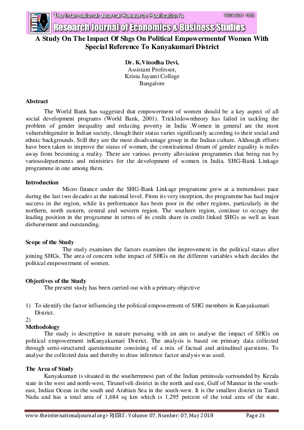 (PDF) A STUDY ON THE IMPACT OF SHGs ON POLITICAL EMPOWERMENT OF WOMEN ...