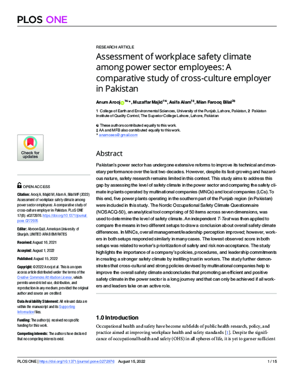 (PDF) Assessment of workplace safety climate among power sector