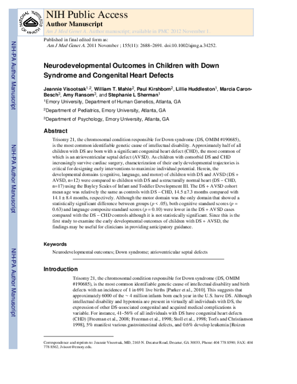 (PDF) Neurodevelopmental outcomes in children with Down syndrome and ...