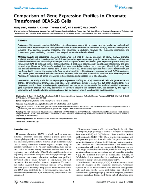 (PDF) Comparison of Gene Expression Profiles in Chromate Transformed ...